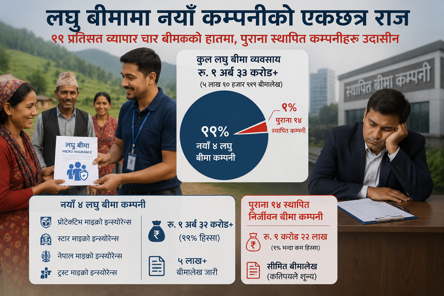 लघु बीमामा नयाँ कम्पनीको एकछत्र राज: ९९ प्रतिशत व्यापार चार बीमकको हातमा, पुराना स्थापित कम्पनीहरू उदासीन